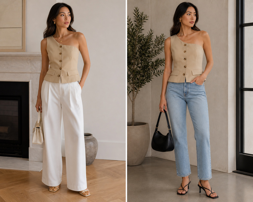 NWT Asymmetrical One Shoulder Vest beige Structured Tailored Button Front Top -M
